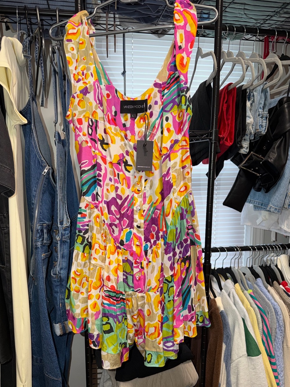 Vanessa Mooney Multicolor Abstract Print Dress in Purple, Yellow & Teal
